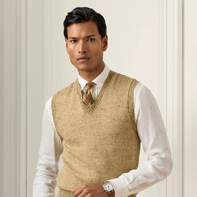Ralph Lauren Purple Label Silk-blend Herringbone Sweater Vest In Mocha Multi