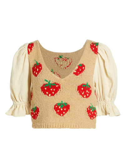 Free People Strawberry Jam Mixed Media Crop Jumper In Strawberry Dawn Como