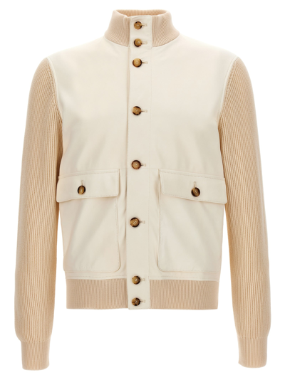 Brunello Cucinelli Leather Jacket With Knit Inserts In Blanco