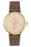 TED BAKER RECYCLED STAINLESS STEEL LEATHER STRAP WATCH, 41MM