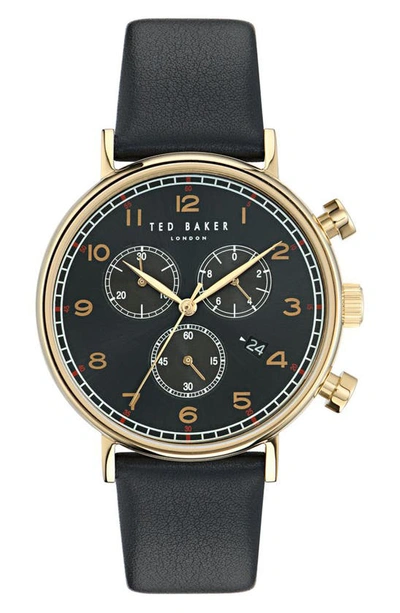 Ted Baker Men's Barnett Backlight Goldtone Stainless Steel & Leather Chronograph Watch/41mm In Black