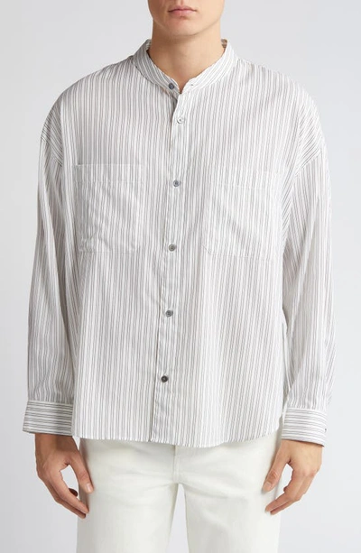 Frame Pinstripe Band Collar Button-up Shirt In Black White Stripe
