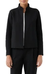 Eileen Fisher Open Front Stand Collar Organic Cotton Blend Jacket In Black