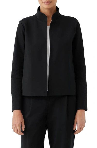 Eileen Fisher Open Front Stand Collar Organic Cotton Blend Jacket In Black