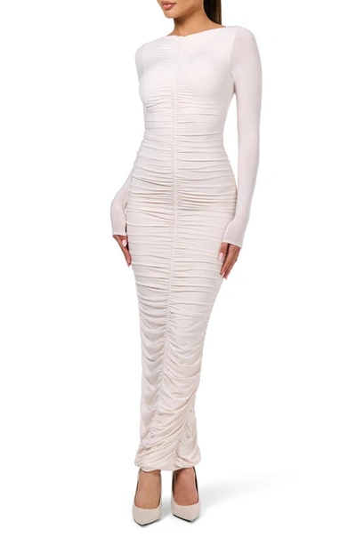 Naked Wardrobe Hourglass Ruched Long Sleeve Midi Dress In Cream