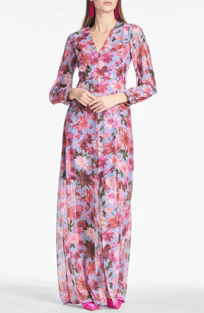 Sachin & Babi Penny Long Sleeve Chiffon A-line Gown In Pink And Periwinkle Dahlia