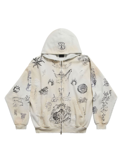 Balenciaga Tat Printed Distressed Cotton-jersey Zip-up Hoodie In Off White Black