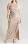Alex Evenings Sleeveless Sequin Lace Sheath Gown In Buff