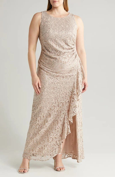 Alex Evenings Strapless Sequin Lace Sheath Gown In Buff