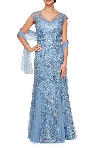 Alex Evenings Sequin Tulle Trumpet Gown With Shawl In Vintage Blue