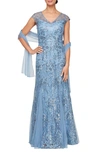 Alex Evenings Sequin Tulle Trumpet Gown With Shawl In Vintage Blue