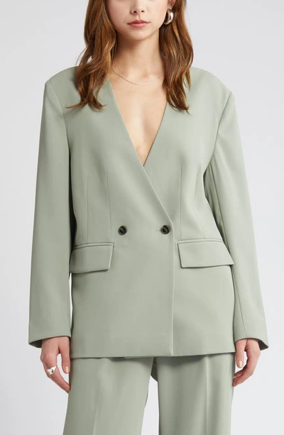 Open Edit Collarless Double Breasted Blazer In Green Halo