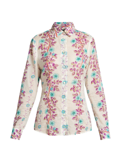 Etro Floral Printed Cotton Long Sleeve Shirt In Print Floral White