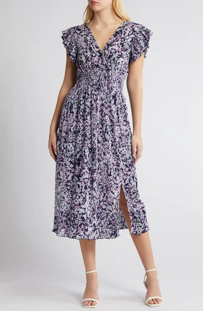 Chelsea28 Flutter Sleeve Plissé Midi Dress In Navy Emile Floral