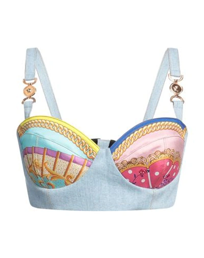 Versace Woman Top Blue Size 10 Cotton, Elastane