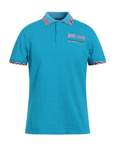 Just Cavalli Man Polo Shirt Turquoise Size M Cotton, Viscose, Polyamide, Elastane In Blue