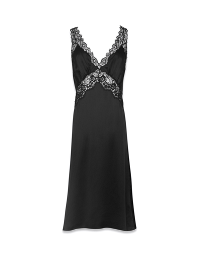Saint Laurent Crepe Satin Night Dress W/ Lace Trim In Black