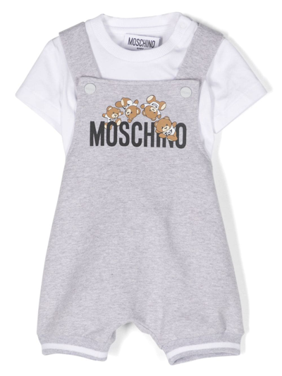 Moschino Babies' Set Salopette Con Stampa Teddy Bear In White Grey
