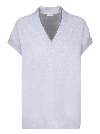 Brunello Cucinelli V-neck Silver T-shirt In Metallic