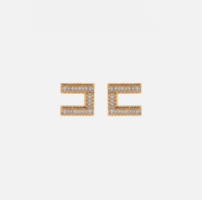 Elisabetta Franchi Logo Earrings With Baguette Rhinestones In Gold