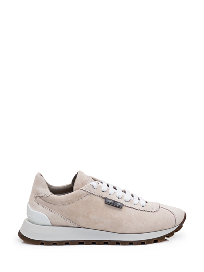 Brunello Cucinelli Shiny Tab Leather Sneaker In White