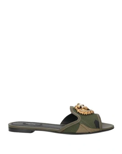 Dolce & Gabbana Woman Sandals Military Green Size 5.5 Cotton, Calfskin