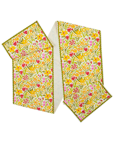 Tiramisu Spring Fling Block Print Cotton Table Runner In Multi