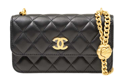 Pre-owned Chanel Camellia Adjusting Buckle Chain With Gold Cc Logo Phone Holder Shoulder Bag Black (ap3298-b10