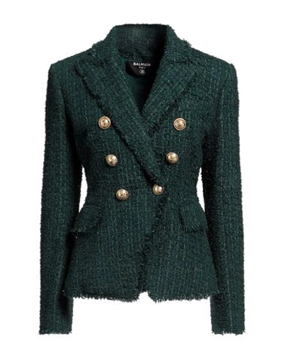 Balmain Tweed Double-breasted Blazer Jacket In Green