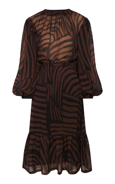 Andres Otalora Mil Y Un Trazos Printed Chiffon Midi Dress In Brown