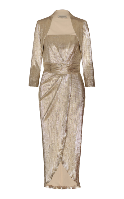 Andres Otalora Bella Historia Metallic Plissé Strapless  Midi Dress In Gold