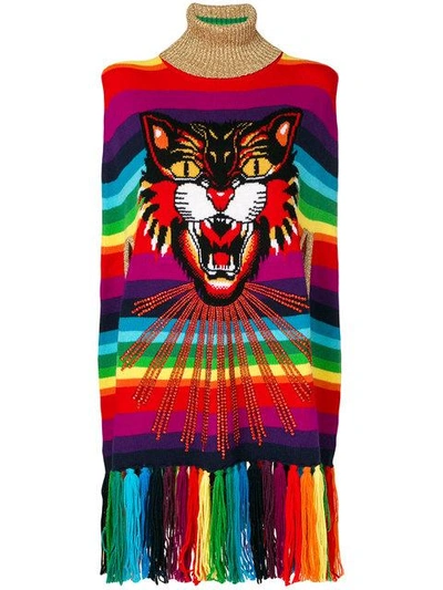 Gucci Angry Cat Intarsia Striped Knitted Cape In Multicolour