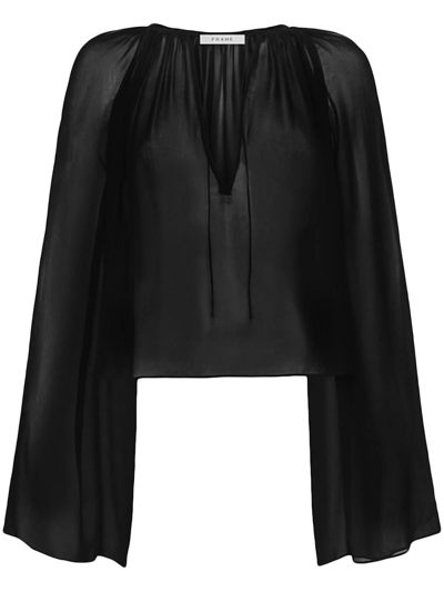Frame Shirred V-neck Silk Blouse In Black