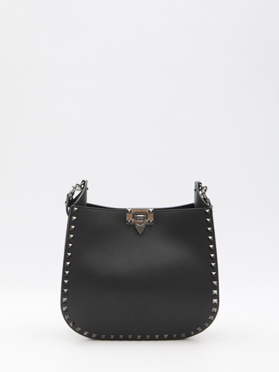 Valentino Garavani Small Rockstud Grainy Leather Hobo Bag In Black