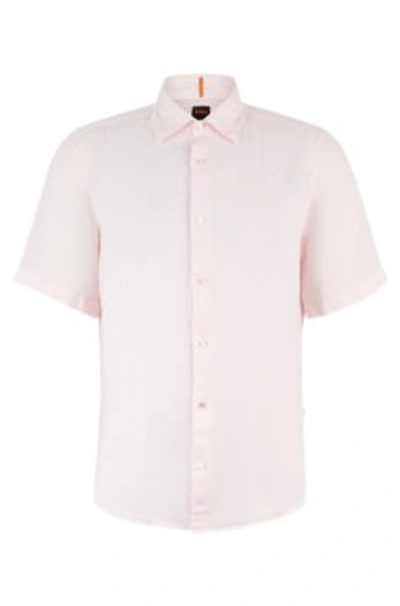 Hugo Boss Regular-fit Shirt In Linen Canvas In Light Pink