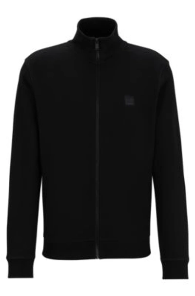 Hugo Boss Cotton-terry Zip-up Jacket With Logo Patch In Black
