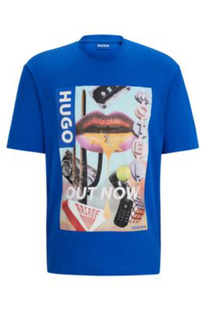 Hugo Cotton-jersey Regular-fit T-shirt With Graphic Artwork In Light Blue