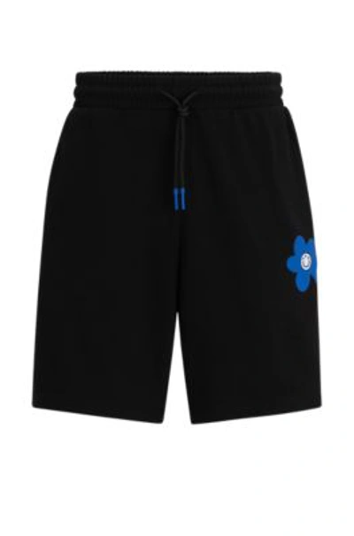 Hugo Cotton-terry Shorts With Floral Logo Artwork In Black