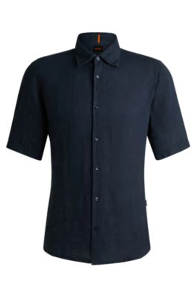 Hugo Boss Regular-fit Shirt In Linen Canvas In Dark Blue
