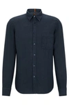 Hugo Boss Regular-fit Shirt In Linen Canvas With Barrel Cuffs In Dark Blue