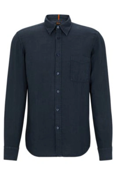 Hugo Boss Regular-fit Shirt In Linen Canvas With Barrel Cuffs In Dark Blue