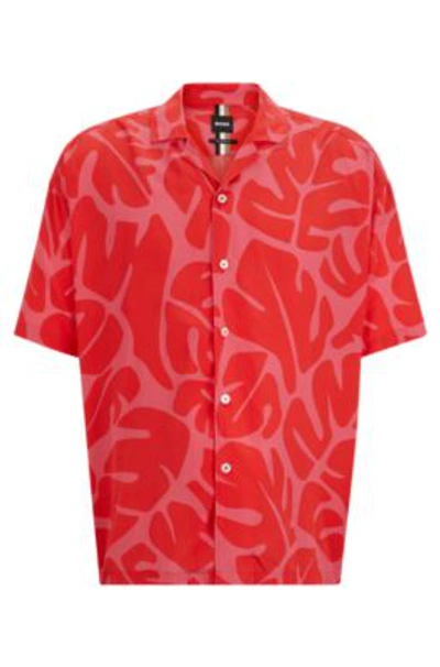 Hugo Boss Relaxed-fit Shirt In Seasonal Print With Camp Collar In Red