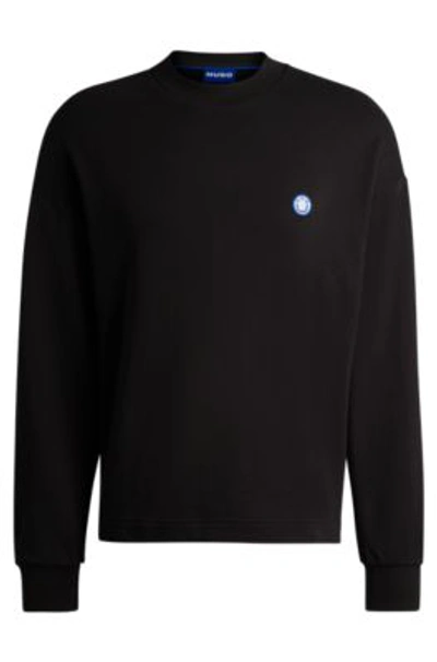 Hugo Cotton-terry Sweatshirt With Smiley-face Logo Patch In Black
