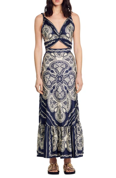 Sandro Dayane Twist Front Cutout Maxi Dress In Deep Blue / Beige