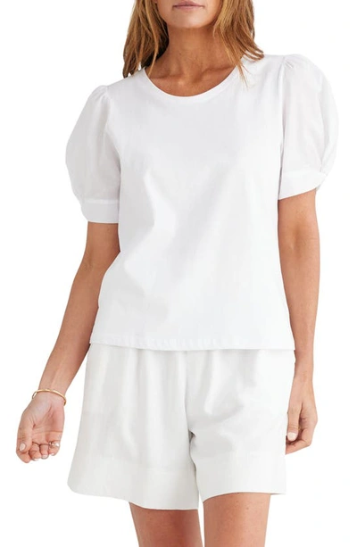 Brave + True Abigail Puff Sleeve Mixed Media Cotton Top In White
