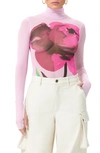 Afrm Zadie Mesh Turtleneck Top In Pink Placed Rose