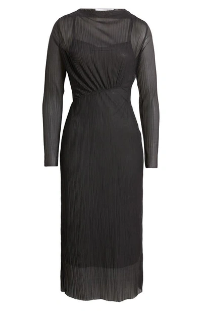 & Other Stories Long Sleeve Crinkle Mesh Midi Dress In Black