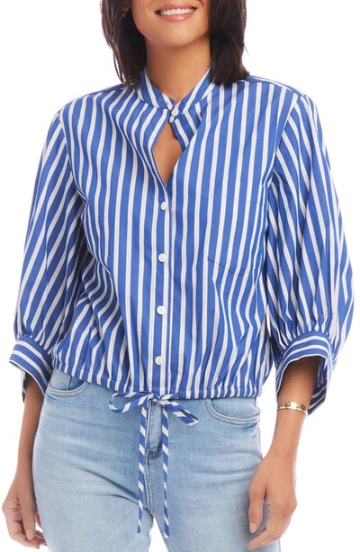 Karen Kane Stripe Tie Hem Cotton Blend Button-up Shirt In Indigo