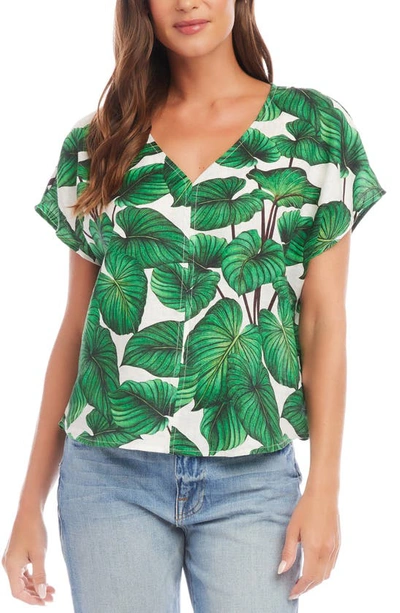 Karen Kane Leaf Print Dolman Sleeve Linen Top In Green