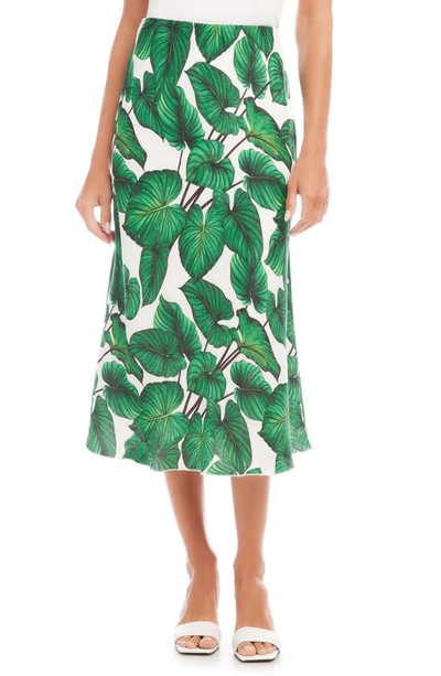 Karen Kane Palm Print Bias Cut Linen Midi Skirt In Green